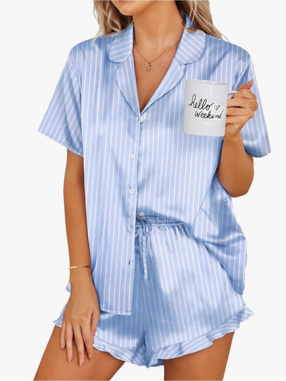 Super Soft Blue Striped Silk-Feel Pajama Set